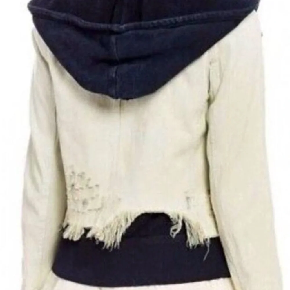 Free People Cream / Ivory Denim Jacket w/ Soft black charcoal hoodie Lightweight - Picture 5 of 11